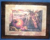 God Bless Autumn Scene for Thanksgiving-Recycled, antiqued Wood, original Christian print-Wall Hanging-Wall Decor for home decor