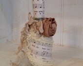 Altered Apothecary Bottle, Embellished Apothecary Bottle, Bottle with Beatles Song Lyrics Vintage Sheet Music Pearls and Lace