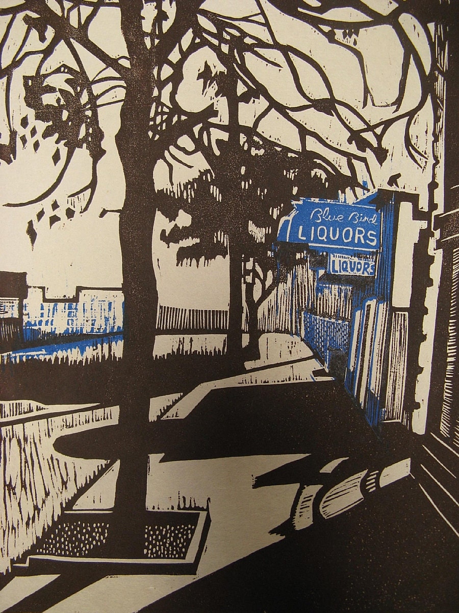 Blue Bird Liquors woodcut print