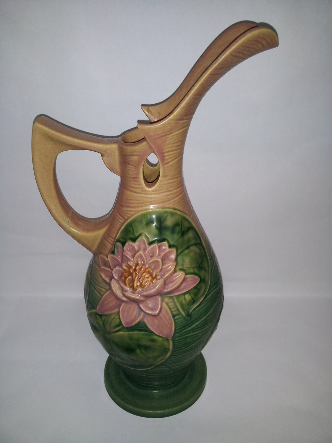 Roseville Pink Water Lily Ewer Pitcher 12-15 Art Pottery