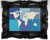 WORLD MAP "mix Blue'- Original illustration art print 8"x11", prints on antique dictionary paper - vintage page book.