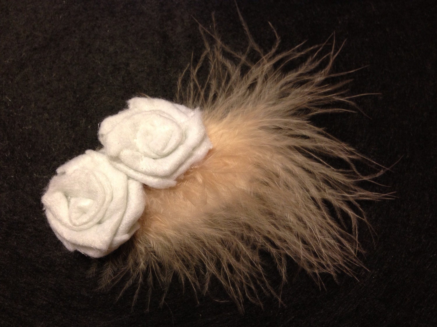 Med Feathered Cocktail Hat fascinator Inspired hair piece clip bow 2 white felted Rose and ivory taupe feathers hand made special occasion