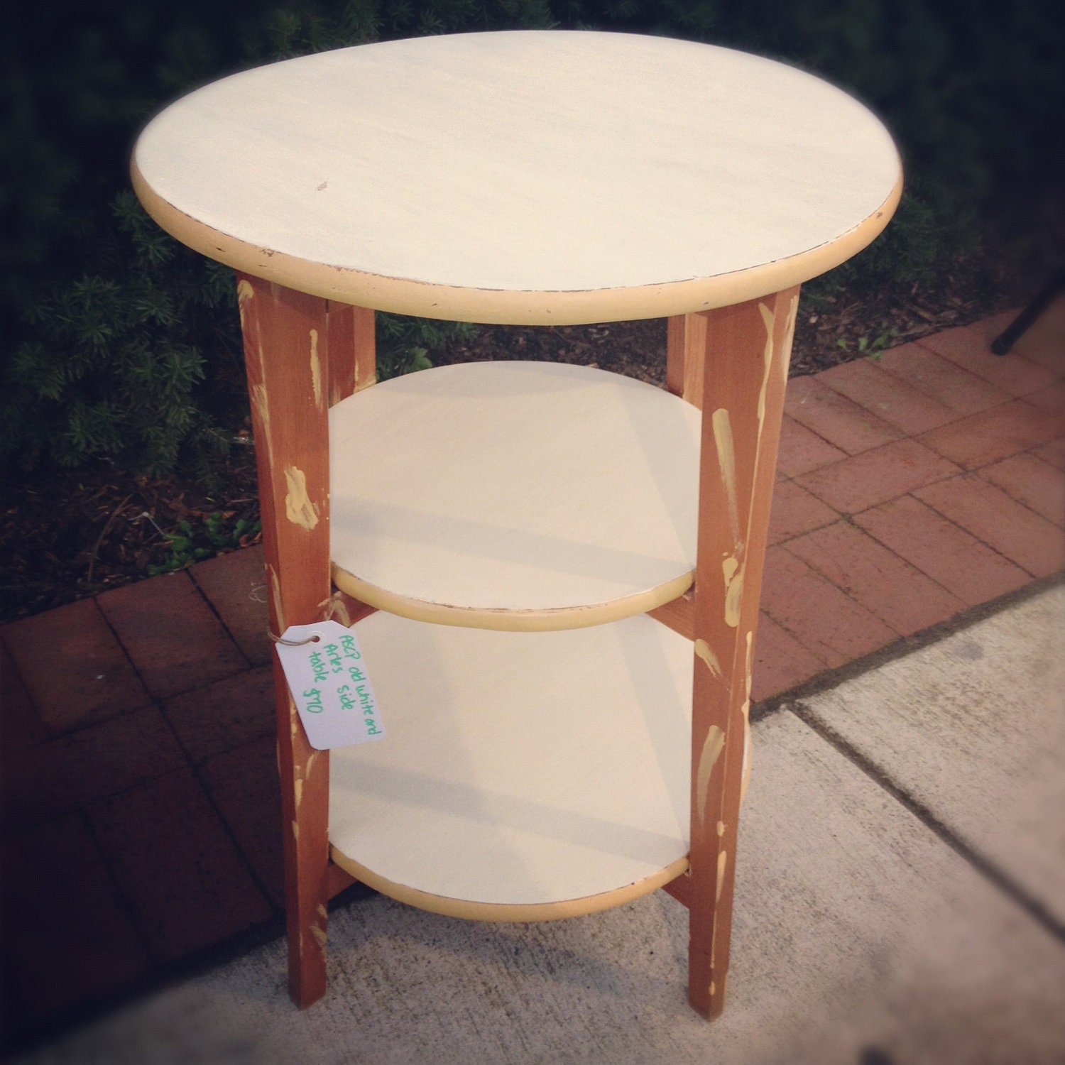 SOLD-Shabby chic three tier yellow and white table, with paint splatter
