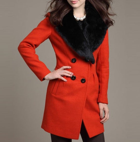 Red Long Woolen Coat/ Cashmere Coat/ Double-breasted Wool Coat/ Winter Coat/Woman coat/ Long Jacket/ Long Sleeves/Cony hair collar