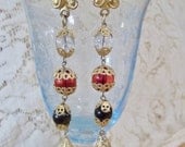 Vintage Elegant Gold Tone Red, Blue, and Clear Beads, and Faux Pearls Dangle Earrings