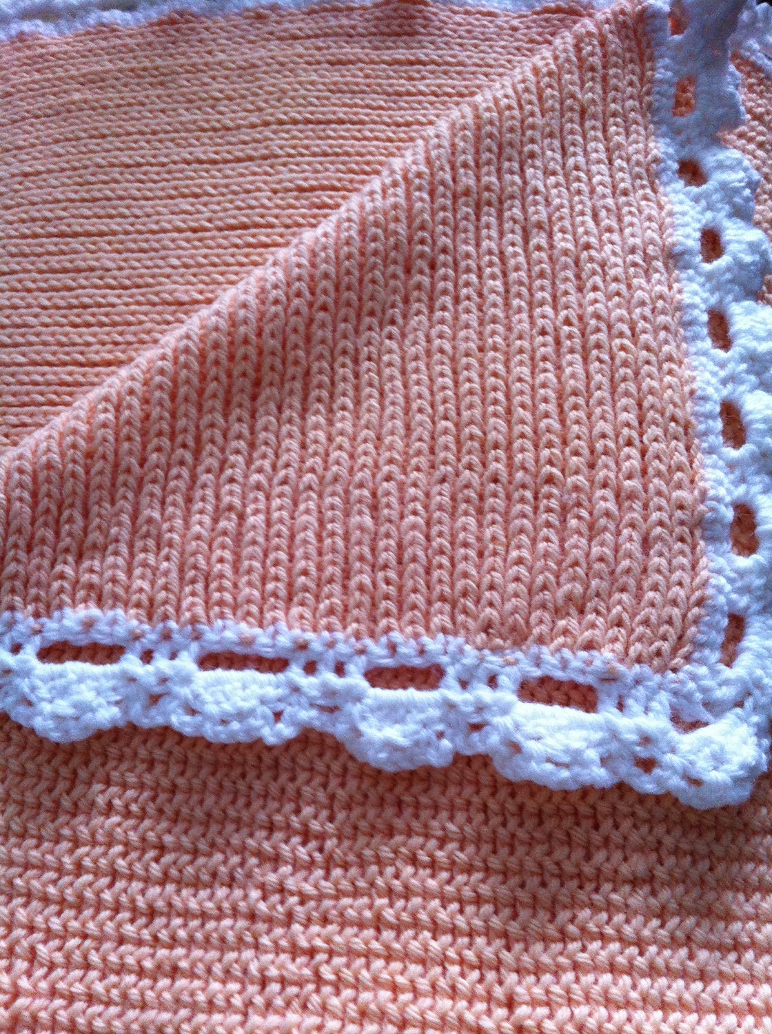 Peach & White Knit/Crochet Lap or Baby Blanket