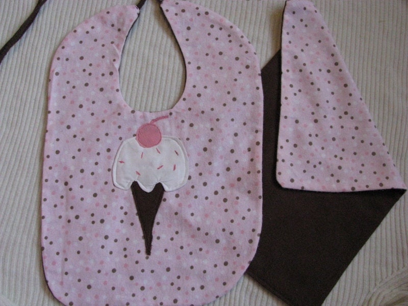 Pink Polka Dot with Ice Cream Cone Baby Bib Set