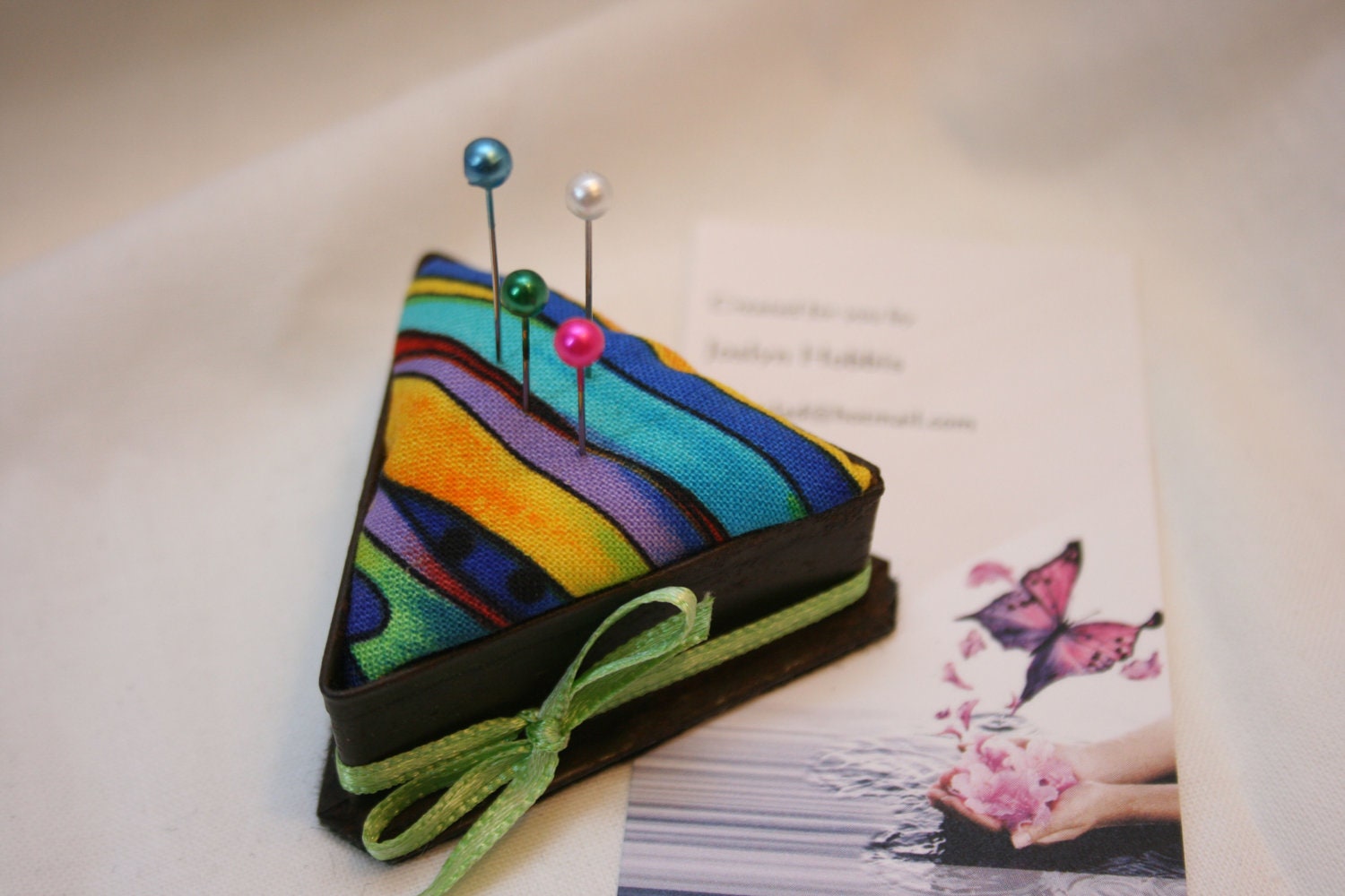 Pincushion Vintage Retro Shabby Chic Cookie Cutter Triangle Rainbow Funky Stripes OOAK