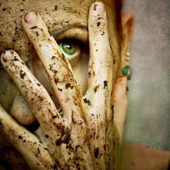 You Could Feel The Sky 8x8 Conceptual Photograph. girl portrait, dark art, female, green eye, hand mud, close up - borninnovember