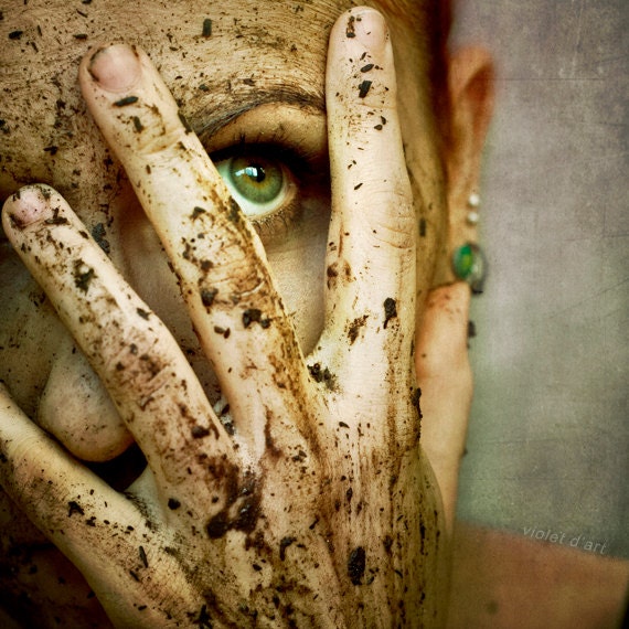 You Could Feel The Sky 8x8 Conceptual Photograph. girl portrait, dark art, female, green eye, hand mud, close up