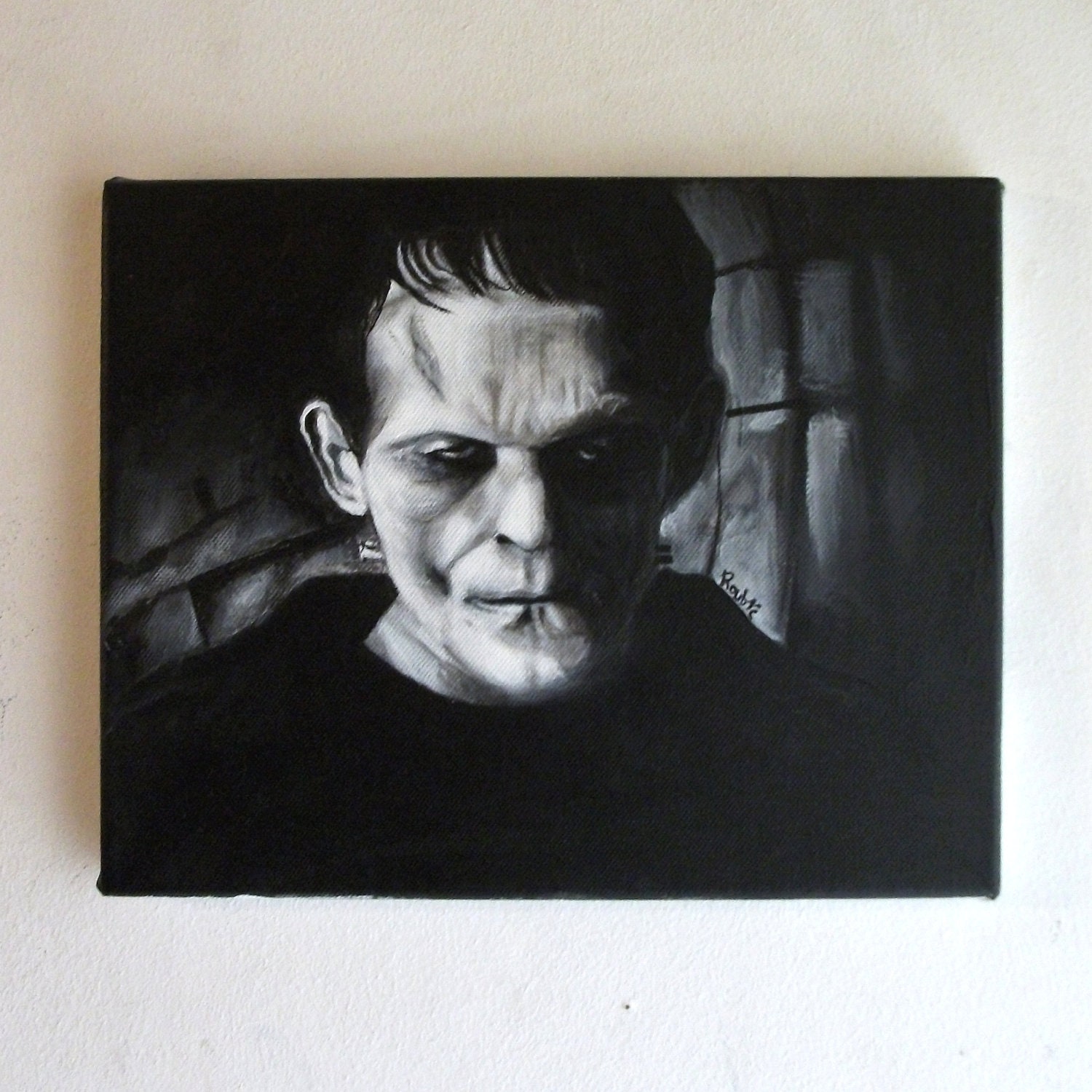 Boris Karloff as the monster of Frankenstein - Horror - Black and White - Universal - Horror - Original art painting by Rouble Rust