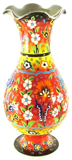 Hand Made 12" Art Vase Home Decor Piece Ceramic Warm Yellow Red with Floral Accents