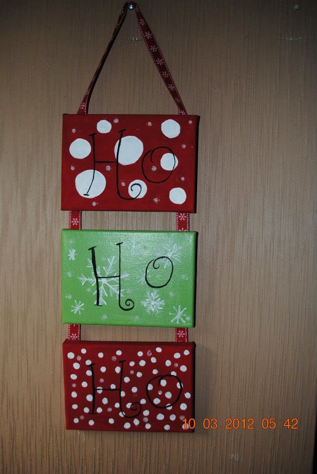 3 (5x7) wrapped canvases hand painted and hung with ribbon Ho Ho Ho Christmas Decoration