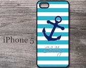 Personalized  Anchor iPhone 5 case in light blue stripes nautical i phone cover
