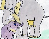 childrens art and wall decor--Little elephant and Mom, Home Decor for Children 8x11 Print art painting