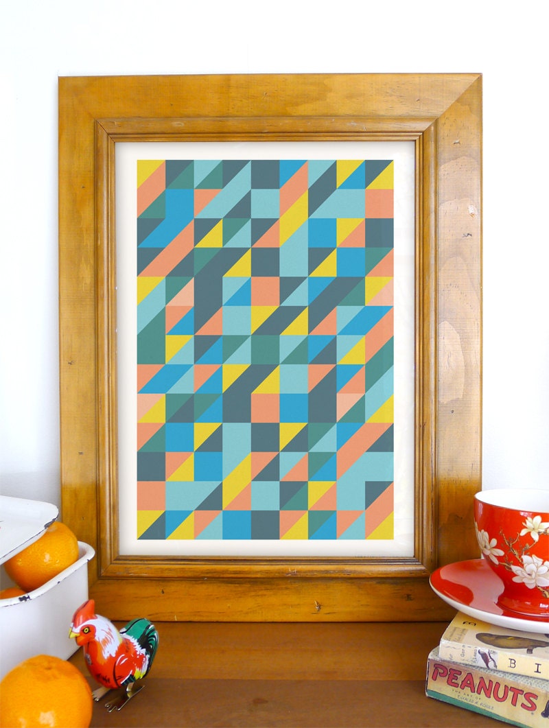 Geometric poster A3, Abstract Mid Century Modern Print, Wall Art in Blue & Orange
