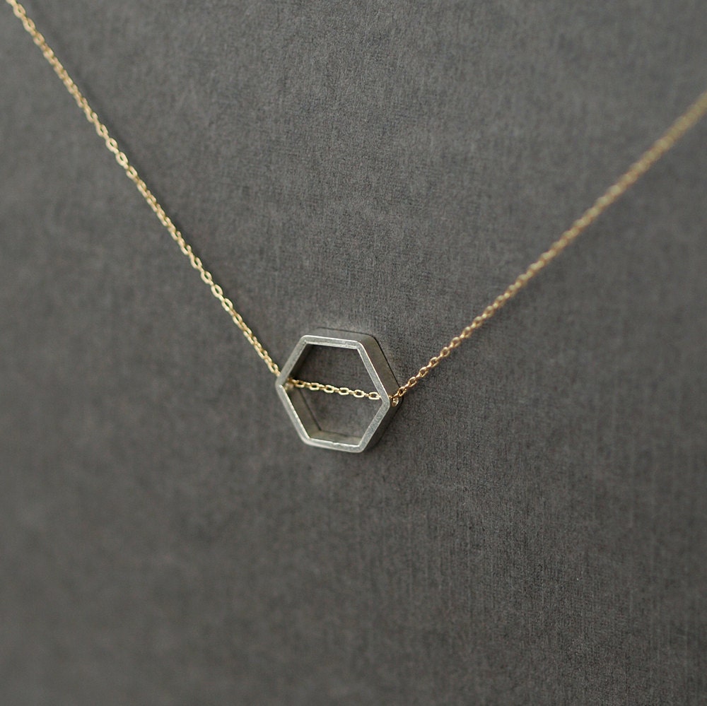 Honeycomb Necklace Hexagon Mixed Metal Geometry Sliding Handmade Jewelry