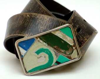 Green 2 Belt Buckle License Plate Vintage Metal Mosaic