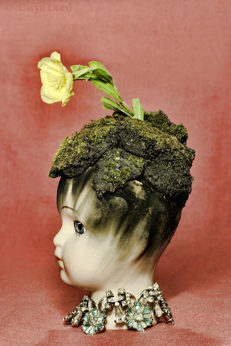 Dirt For Brains - FREE SHIPPING - Print Doll Head Dirt Moss Pink Green Yellow Flower Profile Silhouette Still Life Art Surreal Creepy Nature
