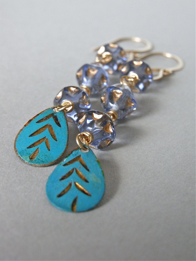 Earrings - goldfill, vintage brass, vintage glass - Cool Waters