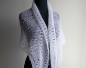 Hand Knit Lace Shawl, Bridal, Wedding, Prom, Wrap, Scarf, Triangle, White, Mohair, Silk, Women, Spring Summer, Ready to Ship FREE SHIPPING