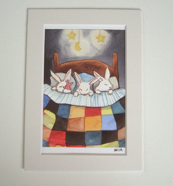 Triplets Tucked In -  Fine Art Print - Small Size - Rabbit Art