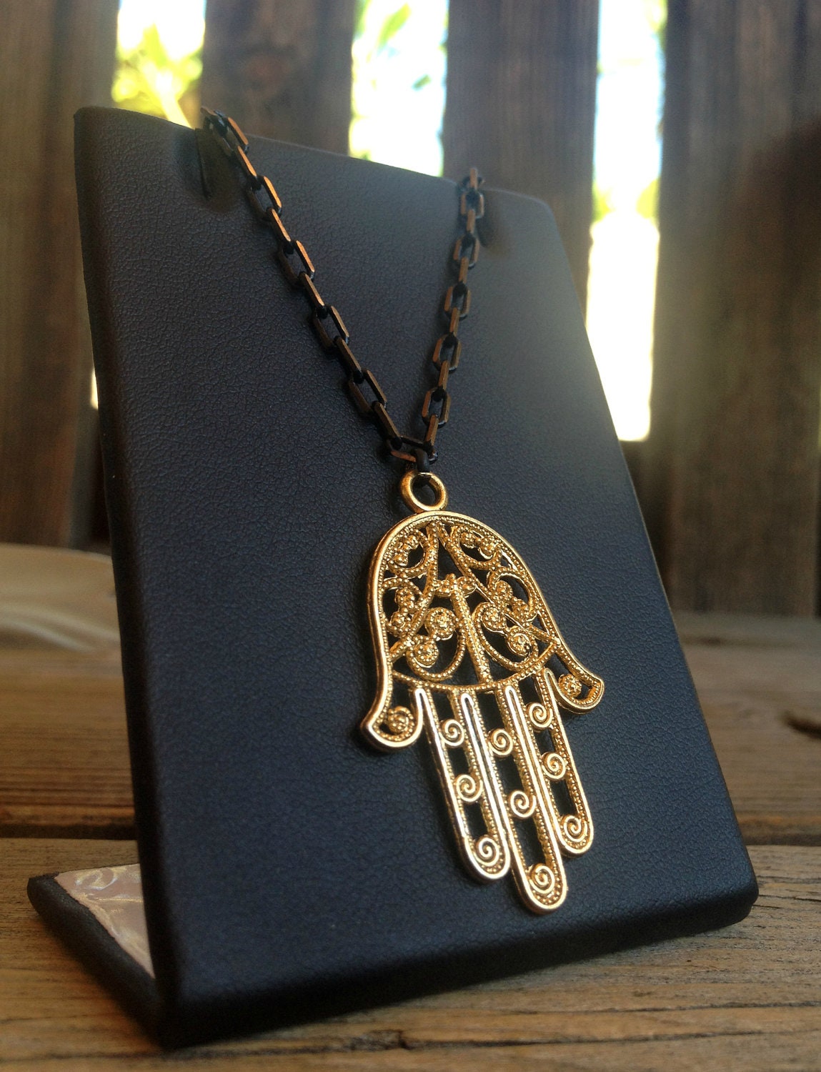 Gold Hamsa Necklace on Black and Gold Chain