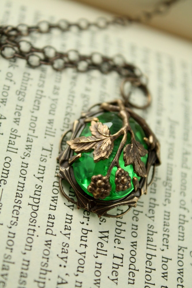 Vintage Tooled Artisan Brass "Fruit of the Vine" Czech Glass Necklace
