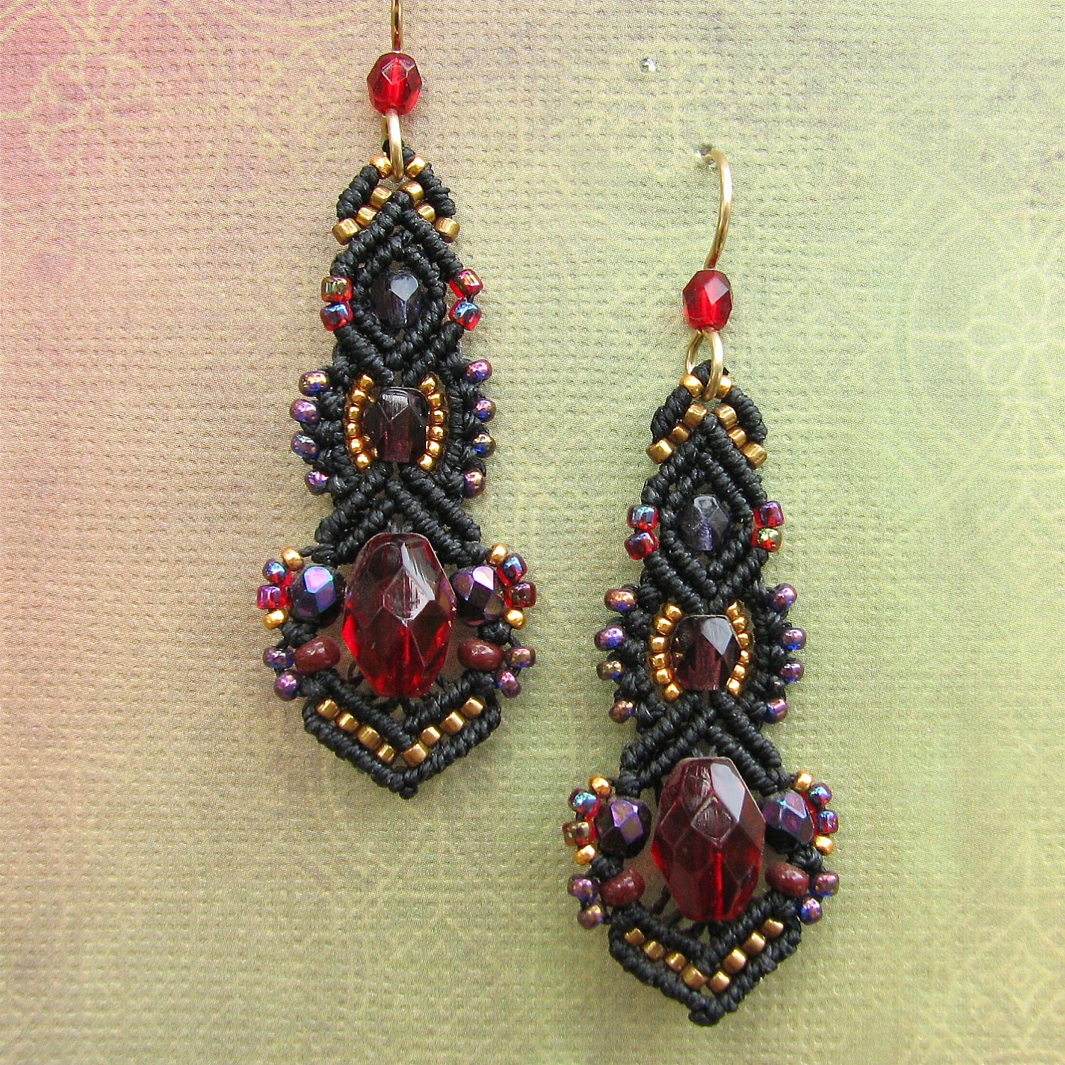 Macrame and Glass bead earrings-Minerva style-Black Royal colors-black,garnet, gold,purple