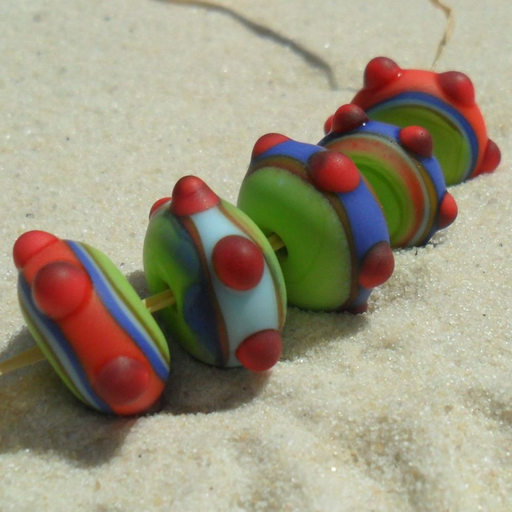 Lampwork Beads Set, Etched  Pea Green-Lapis-Orange-Red-Blue,Handmade SRA LETEAM,Glassymom