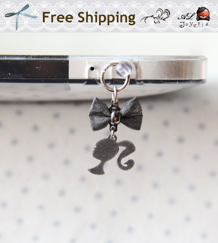 iPhone Dust Plug. Barbie and Bow Cell Phone Charm. iPhone4, iPhone5, iPad, Samsung Accessories. Free Shipping.