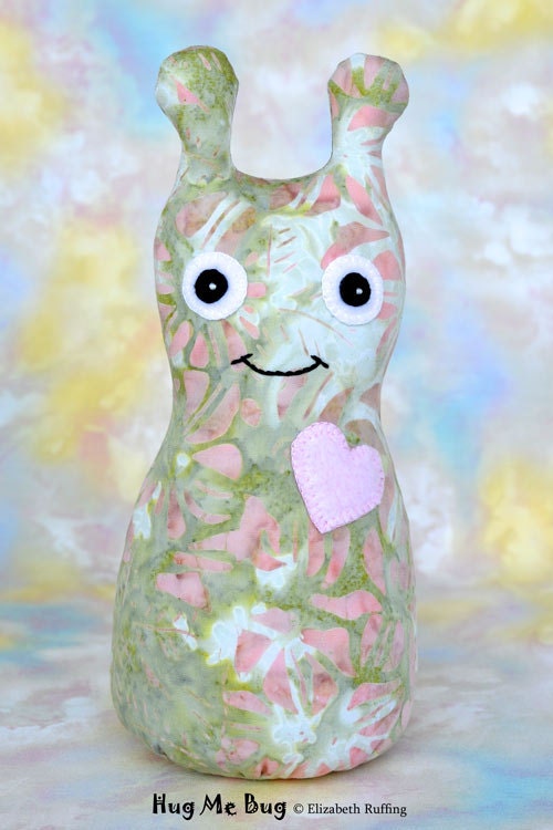 Handmade Bug, Stuffed Animal Cloth Doll Art Toy, Hug Me Bug, Personalized Tag, Soft Green Batik and Pink, 9 inch, Ready-made
