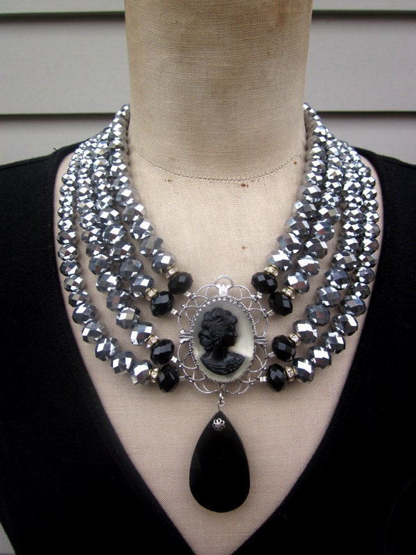 Statement Necklace, Multi Strand Necklace, Cameo Necklace, Vintage Necklace - Pyrite Princess