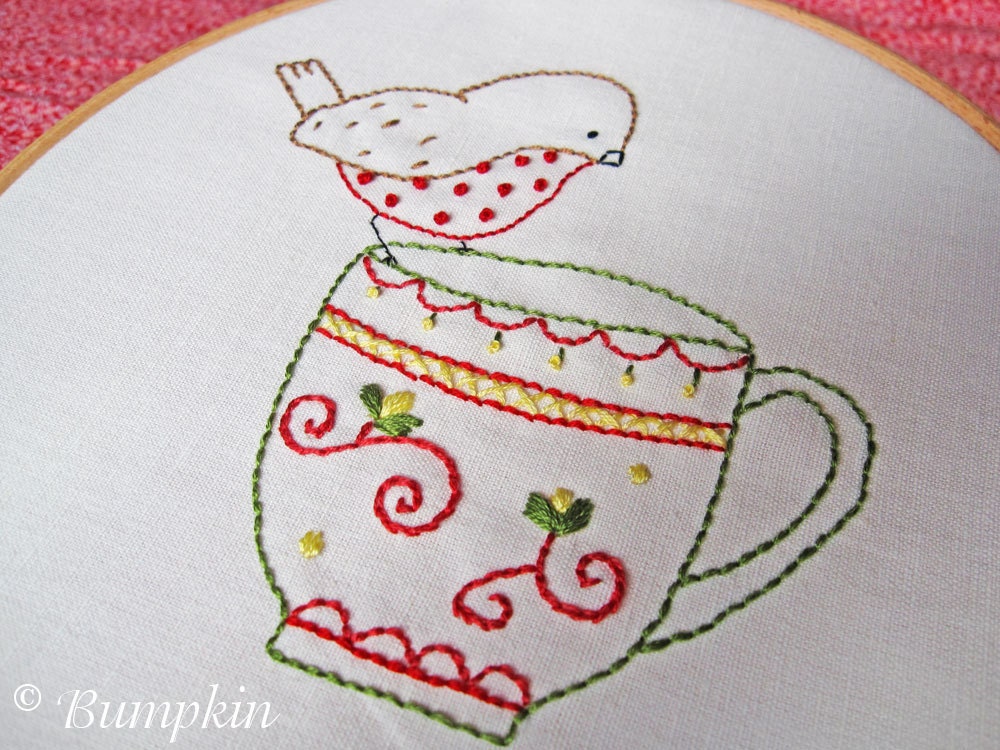 Hand Embroidery PDF Pattern - Tea Time Song with Robin