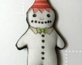 Christmas Snowman Ornament--  Original Folk Art Doll-- Printed, Sewn, and Stuffed Fabric