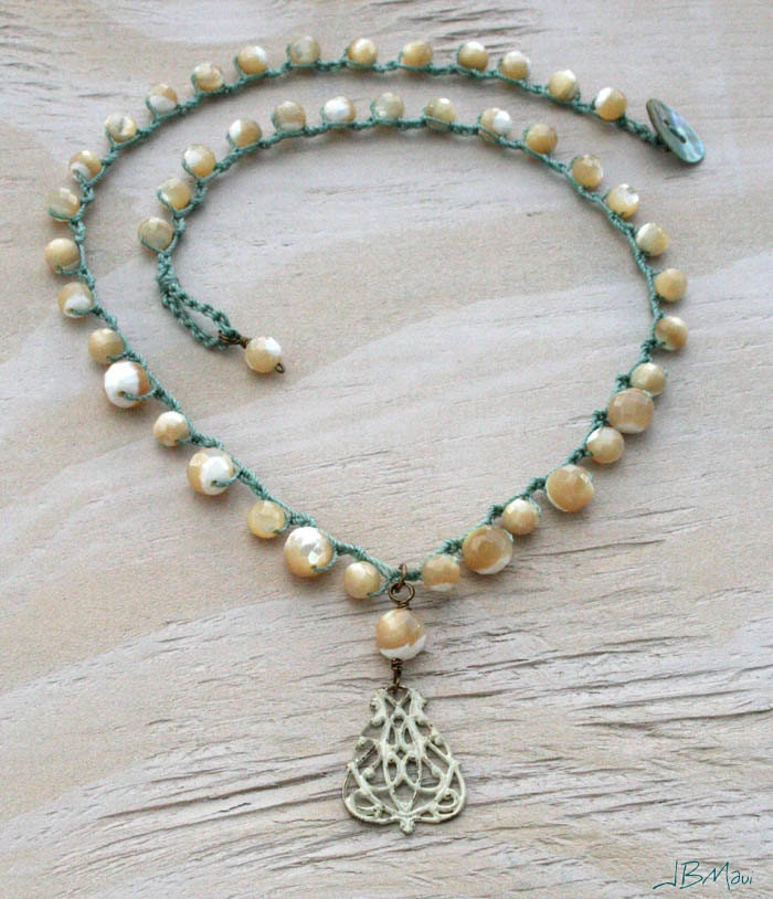 Shabby Chic Crocheted Necklace with Distressed Filigree and Mother of Pearl - Beachy Boho Hippie Chic