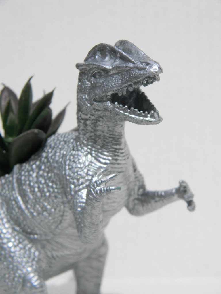 Silver Dinosaur Planter for Succulent Plants Fun Office Decor