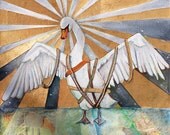 Saint Swan Square Painting Print - LARGE 11X17 signed Poster Print - Golds and Grays/Greys