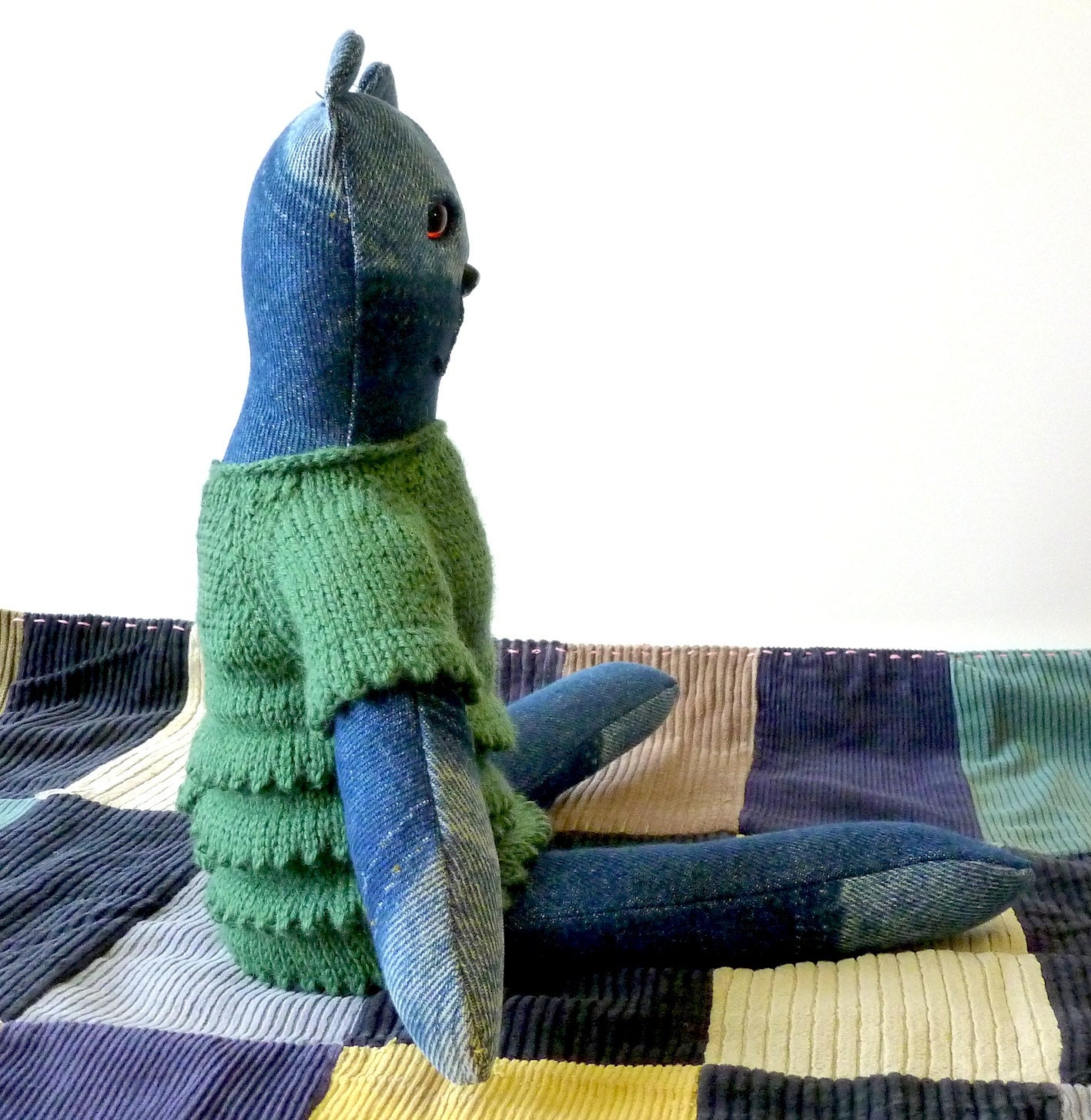 Denim Girl Bear With Inset Amber Eyes Wearing Knitted Green Dress