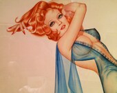 DEMARTINI Pin-Up 12x18 Print REDHEAD Sheer BLUE see through Lingerie Vintage Burlesque Painting Vargas Varga pinup Great Value Sale