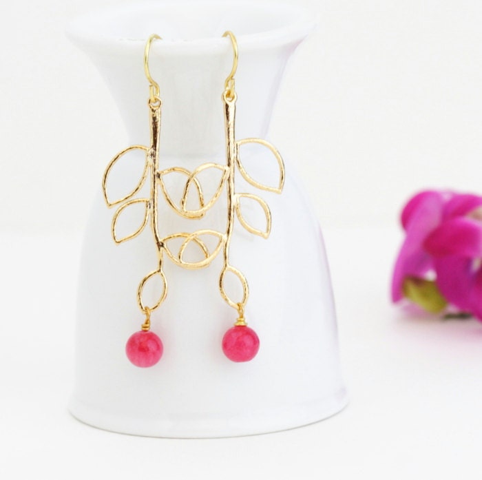 Hot PInk Gold Leaf Earrings, Gold Branch Earrings, Twig Earrings, Drop Earrings