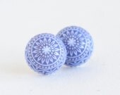Blue White Patterned Earrings - Silver Plated Posts - Vintage Round Dome Earrings, Gift For Her, Memorial Day Sale