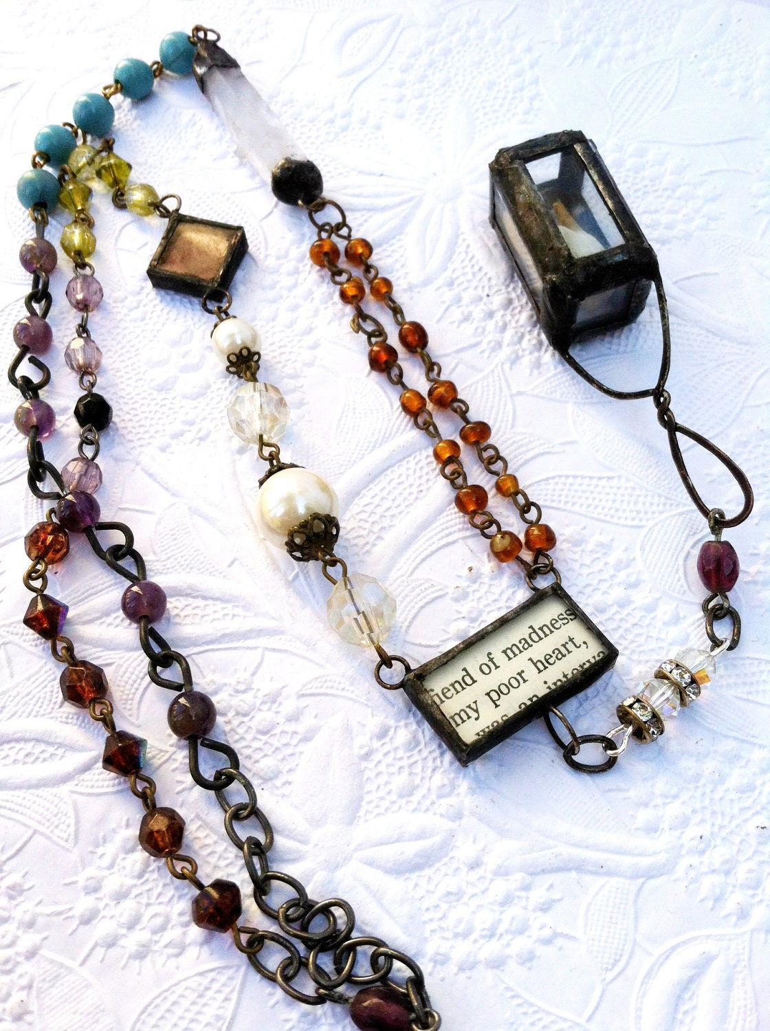 Rosary Reliquary Necklace Tooth Shrine One Of A Kind Soldered Glass Shadowbox Rosary Vintage Bead Chain And Rosary Assemblage