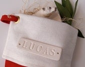 Personalized Christmas Stocking in Red Canvas and Wool,  large with custom white ceramic name tile by Paloma's Nest