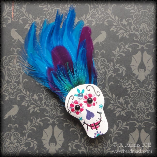 Sugar Skull Fascinator - Feathery Leather Hair Clip In Purple And Blue