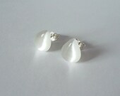Cats Eye Tear Drop White Glass Stud Earrings Solid Sterling Silver Posts & Ear Nuts - Stamped 925 Posts are Made in the USA - NOT PLATED