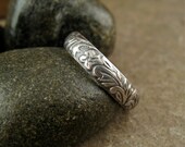 Etched Flower Sterling Silver Ring, Rustic Silver Wedding Band Nature Botanical Floral, Recycled Eco Friendly Metal