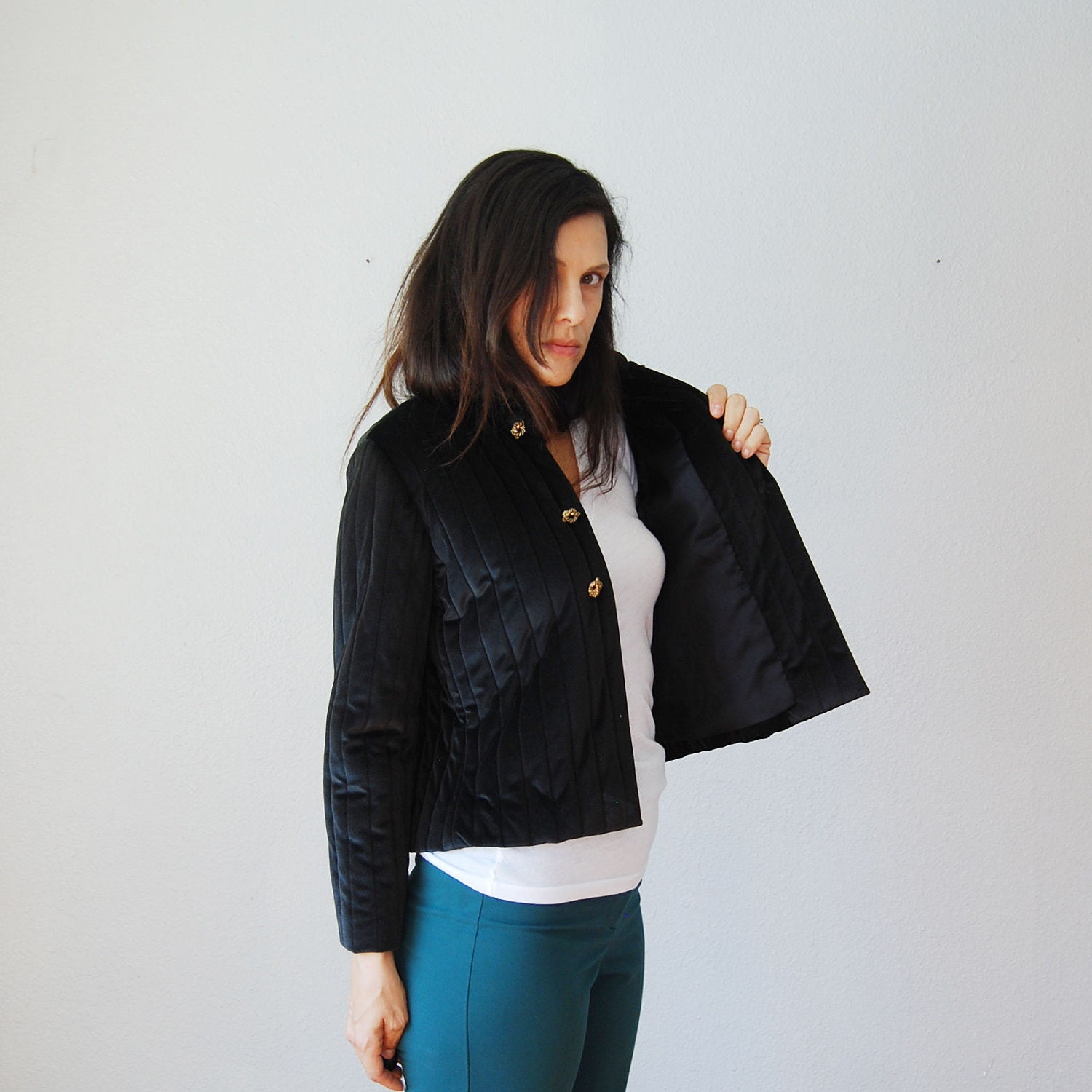 vintage VELVETINE jacket / 1970s  black VELVET crop jacket