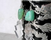Chrysoprase, Rock Quartz Earrings- Vintage Navajo Carved Lightning Bolt Dangle Earrings with Chrysoprase and Sterling Silver