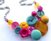 Mustardy Yellow with Aqua and Pink Buttons Bright Funky Statement Necklace